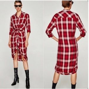 Zara Red Plaid Twist Front shirt dress size small